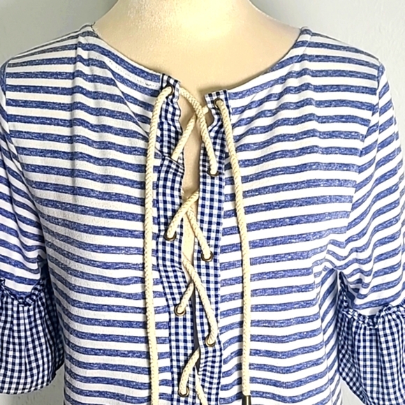 Doe & Rae Blue & White Stripe & Gingham Check Lace-up Top Size Medium - Picture 5 of 9